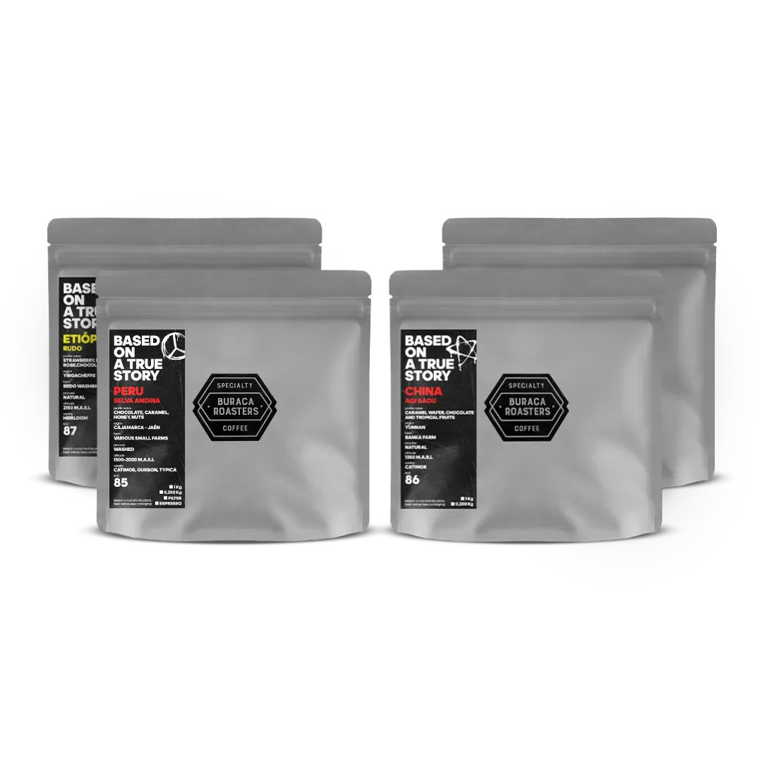 Image of the Adventure Coffee Bundle featuring four 250g bags of specialty coffee from Peru, Ethiopia, China, and Brazil.