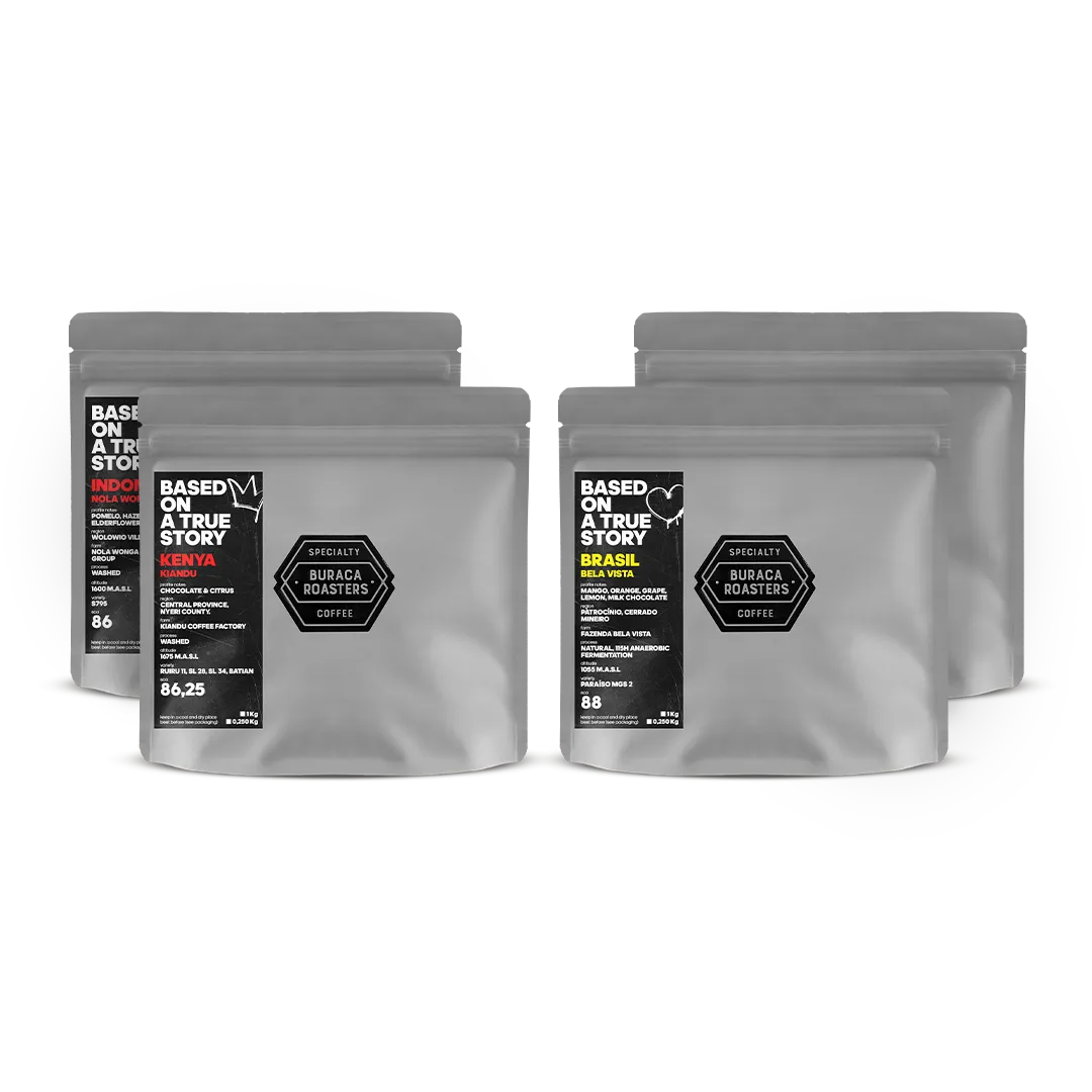 Image of the Adventure Coffee Bundle featuring four 250g bags of specialty coffee from Brazil, Indonesia, Burundi, and Kenya.