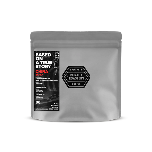 Front picture of a 1kg coffee bag from China Banka roasted by Buraca Roasters