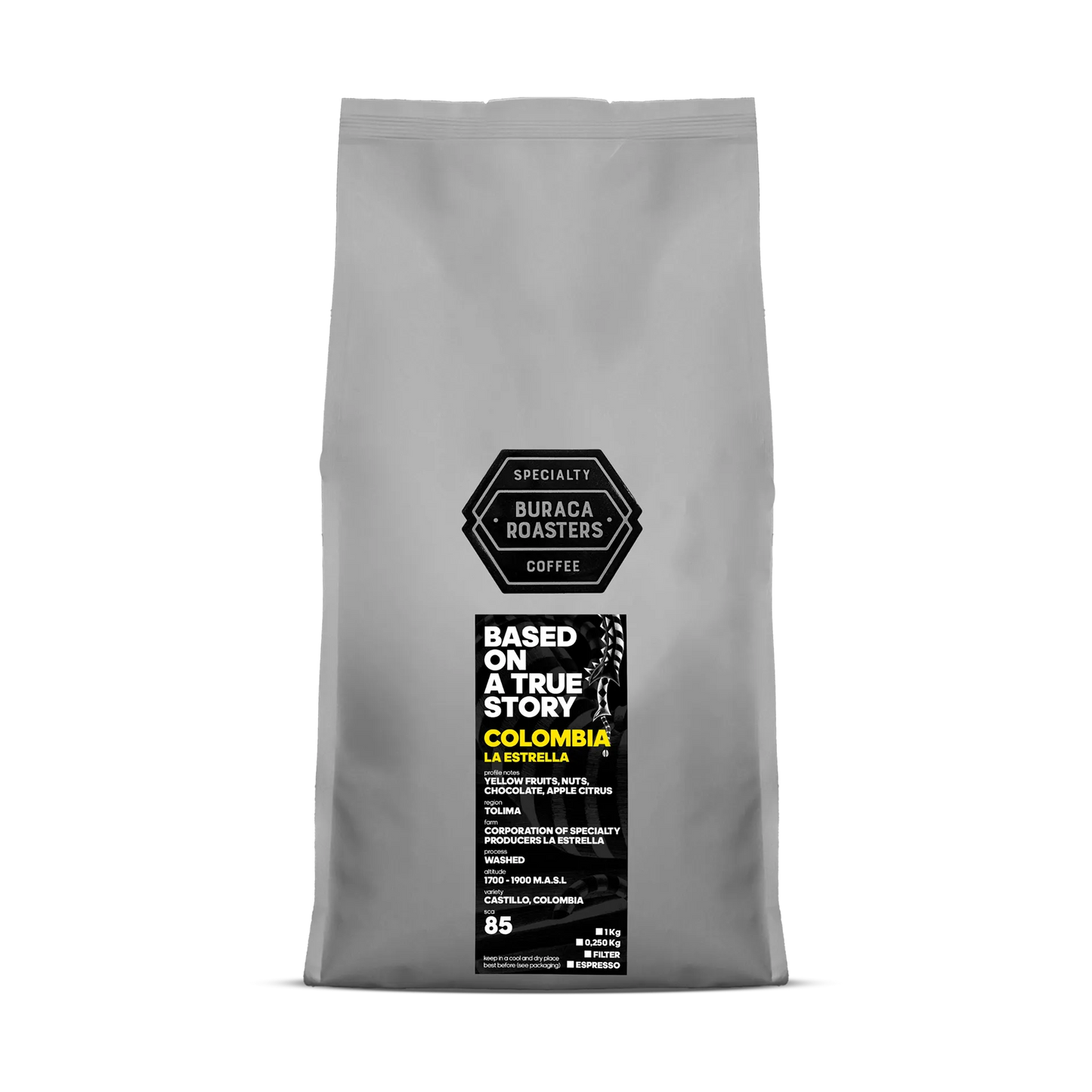 Front picture of a 1kg coffee bag from Colombia La Estrella roasted by Buraca Roasters