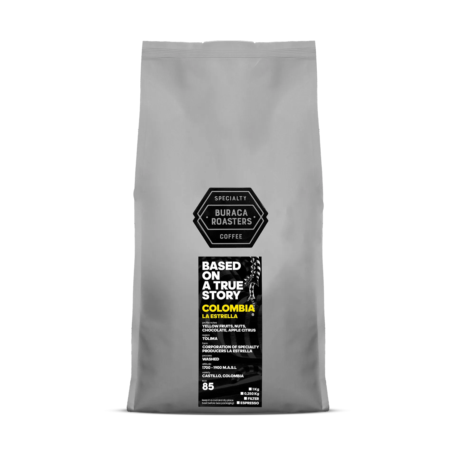 Front picture of a 1kg coffee bag from Colombia La Estrella roasted by Buraca Roasters
