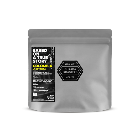 Front picture of a 250g coffee bag from Colombia La Estrella roasted by Buraca Roasters