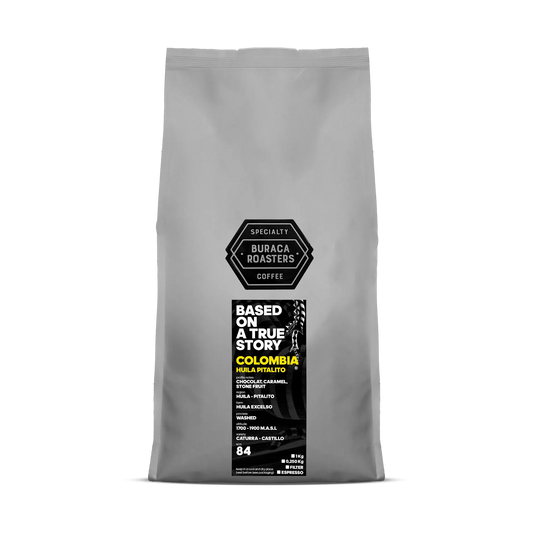 Front picture of a 1kg coffee bag from Colombia Huila Pitalito roasted by Buraca Roasters