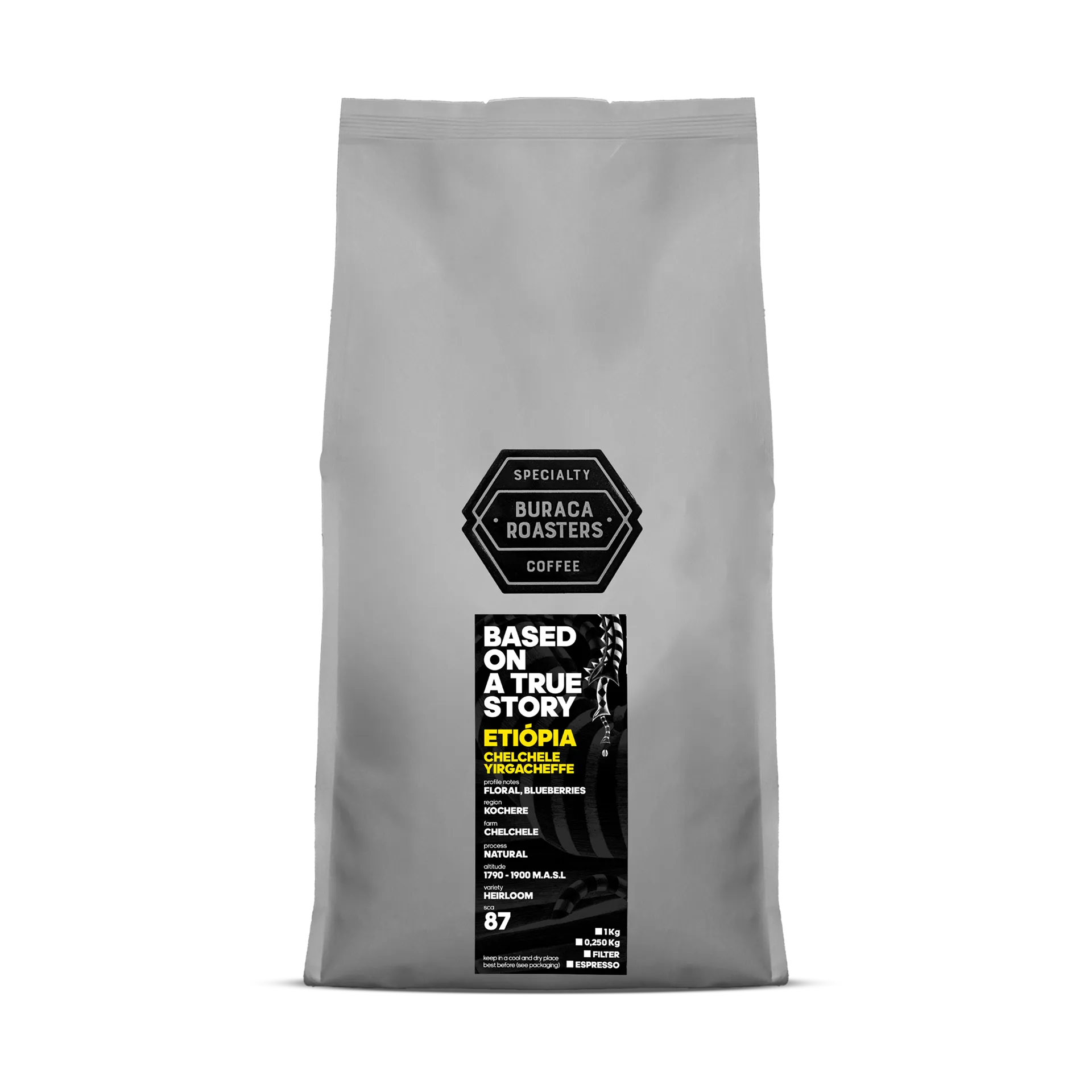 Front of a 1kg coffee bag from Ethiopia, Chelchele Yirgacheffe Specialty Coffee roasted by Buraca Roasters