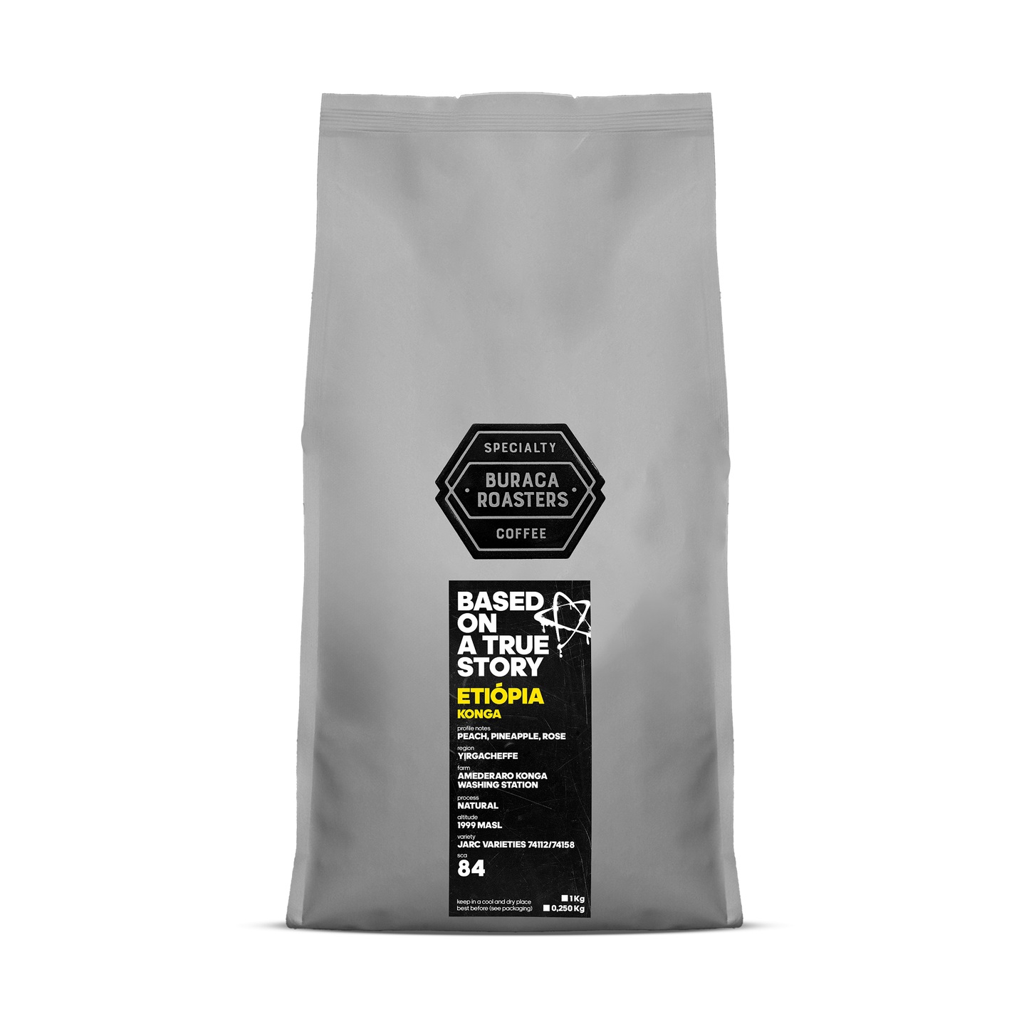 Front of a 1kg coffee bag from Etiópia, finca Konga roasted by Buraca Roasters