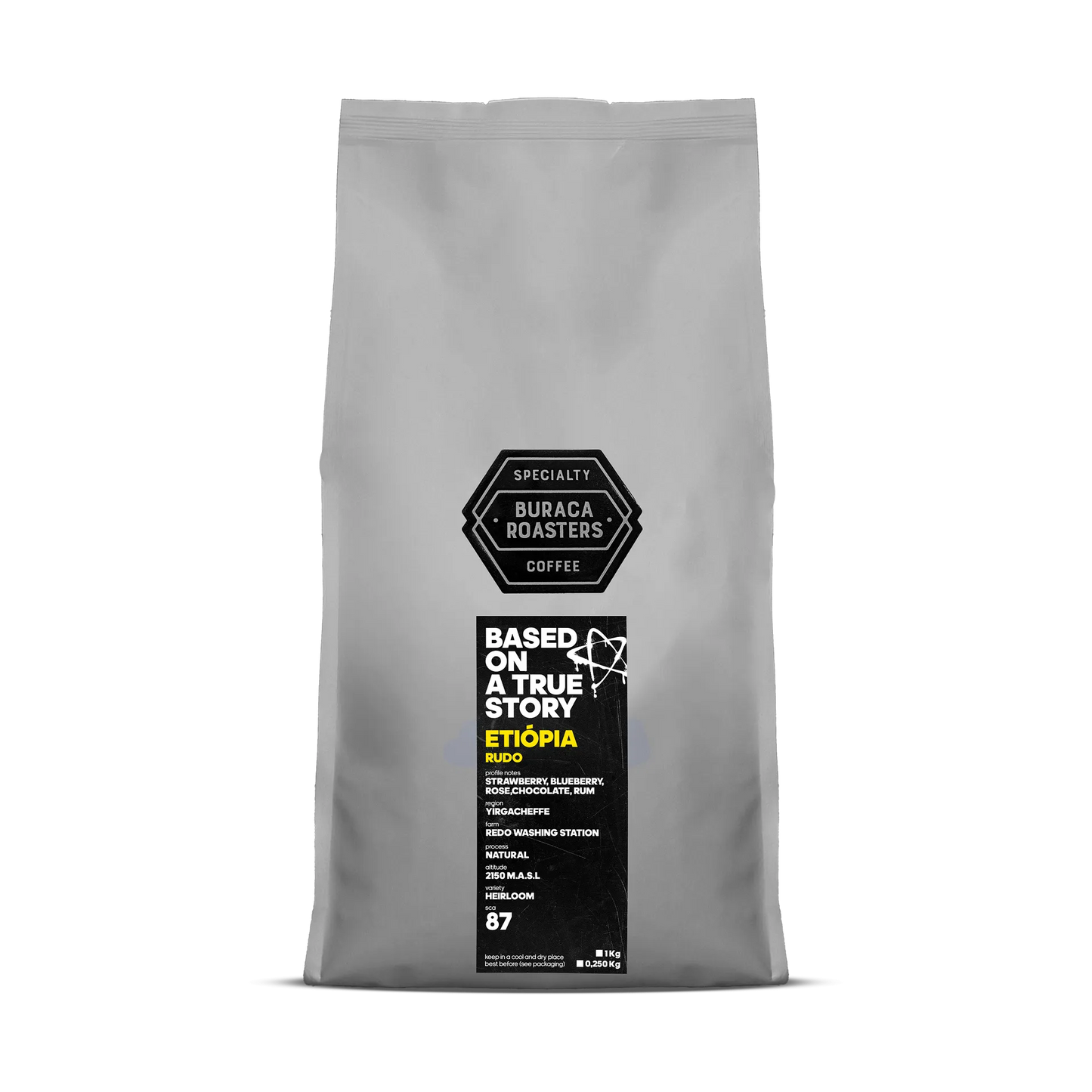 Front of a 1kg coffee bag from Etiópia, finca Rudo roasted by Buraca Roasters