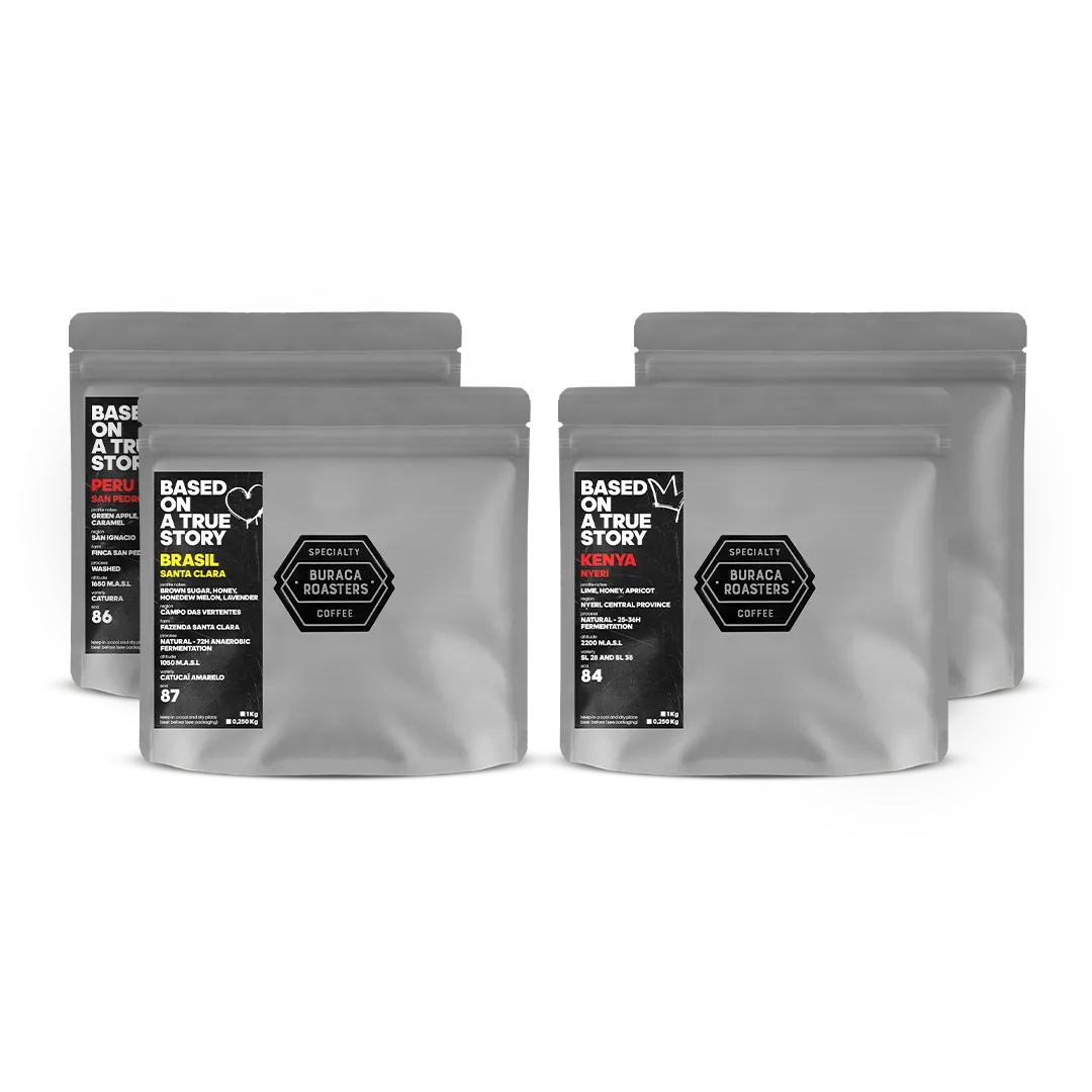 Four 250g filter coffee bags sourced from Kenya, Ethiopia, Peru, and Brazil. Roasted by Buraca Roasters, a specialty coffee roaster based in Lisbon Portugal