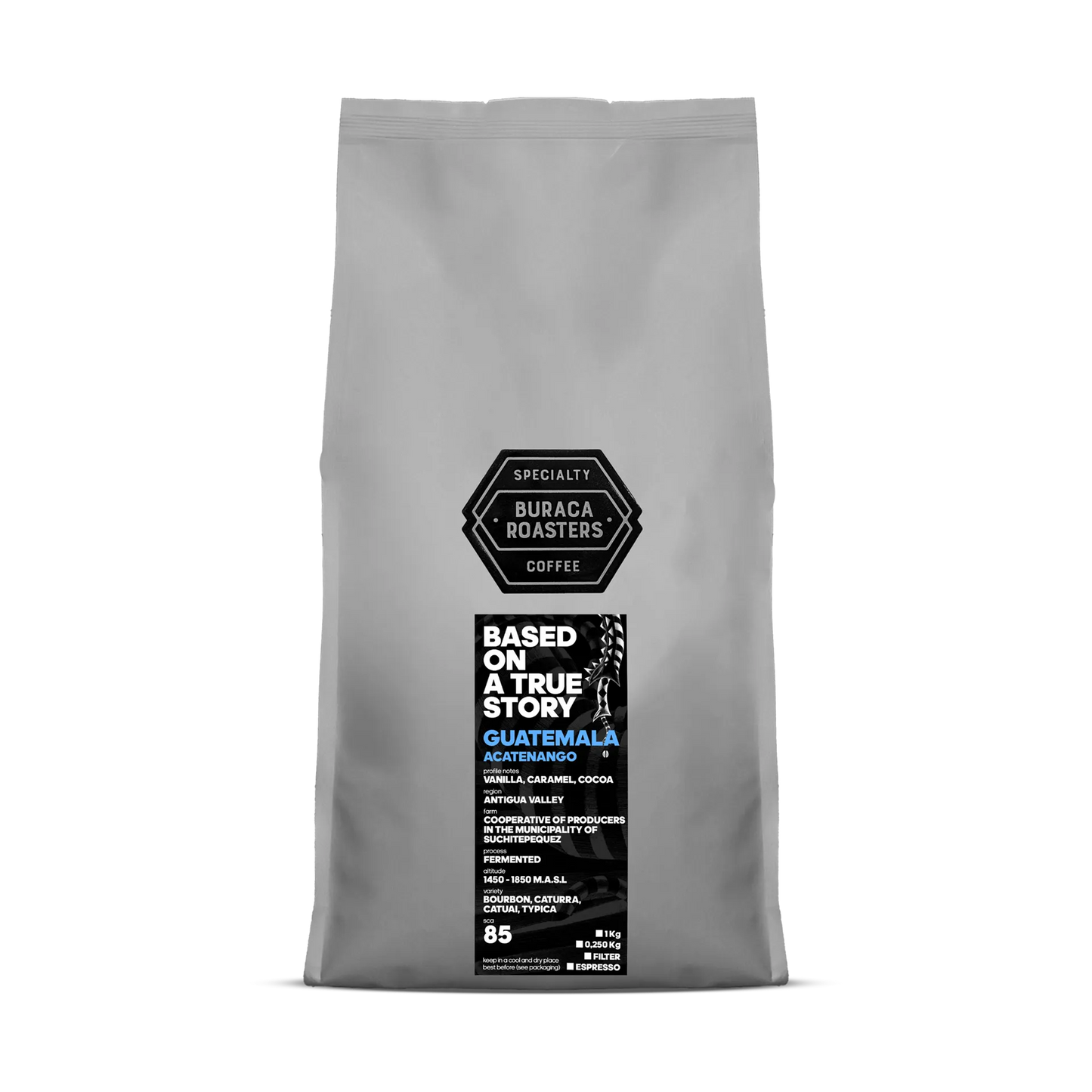 Front picture of a 1kg coffee bag from Guatemala Acatenango roasted by Buraca Roasters