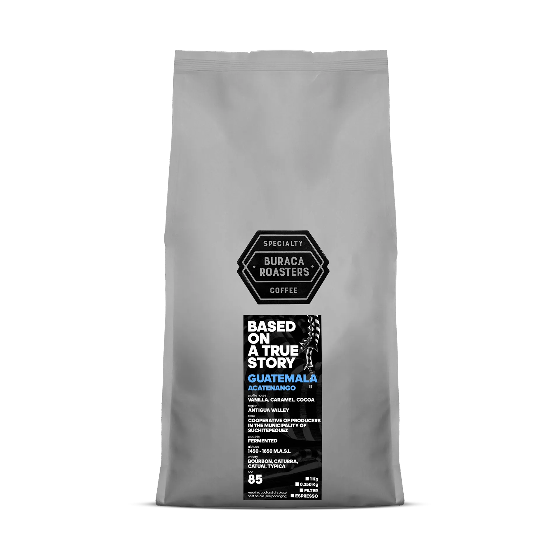 Front picture of a 1kg coffee bag from Guatemala Acatenango roasted by Buraca Roasters