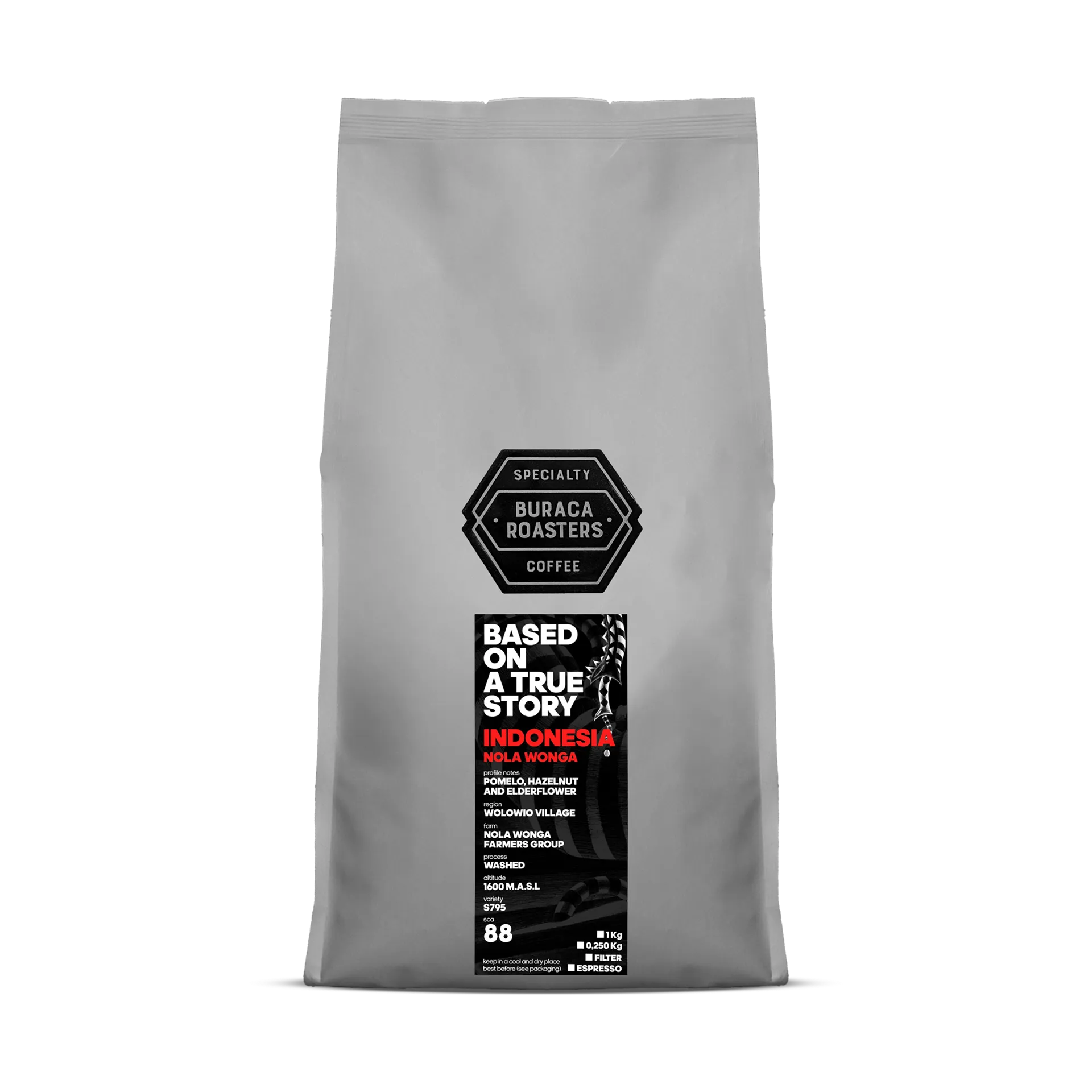 Front picture of a 1kg coffee bag from Indonesia Nola Wonga roasted by Buraca Roasters