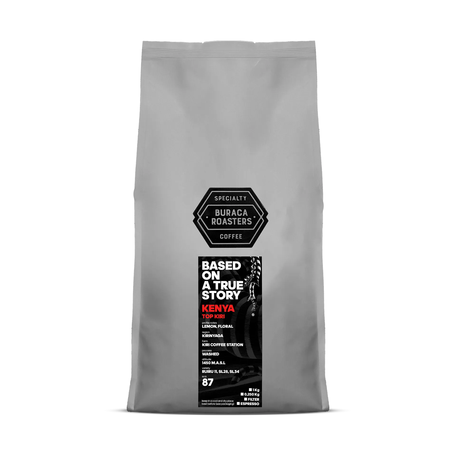 Front picture of a 1kg coffee bag from Kenya Top Kiri roasted by Buraca Roasters