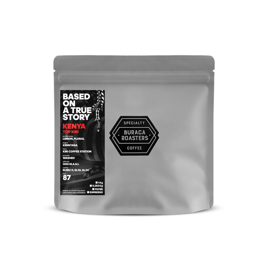 Front picture of a 250g coffee bag from Kenya Top Kiri roasted by Buraca Roasters