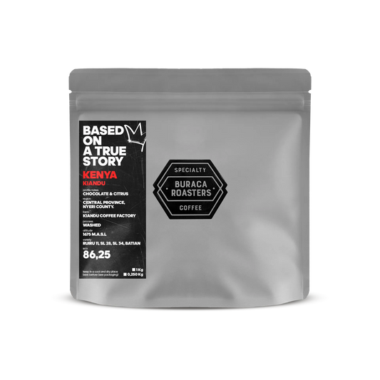 Front picture of a 250g coffee bag from Kenya Kiandu roasted by Buraca Roasters