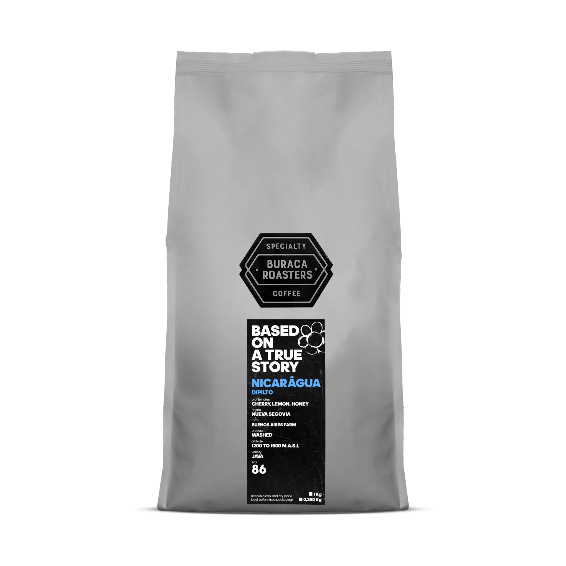 Front of a 1kg coffee bag from Nicaragua Dipilto roasted by Buraca Roasters