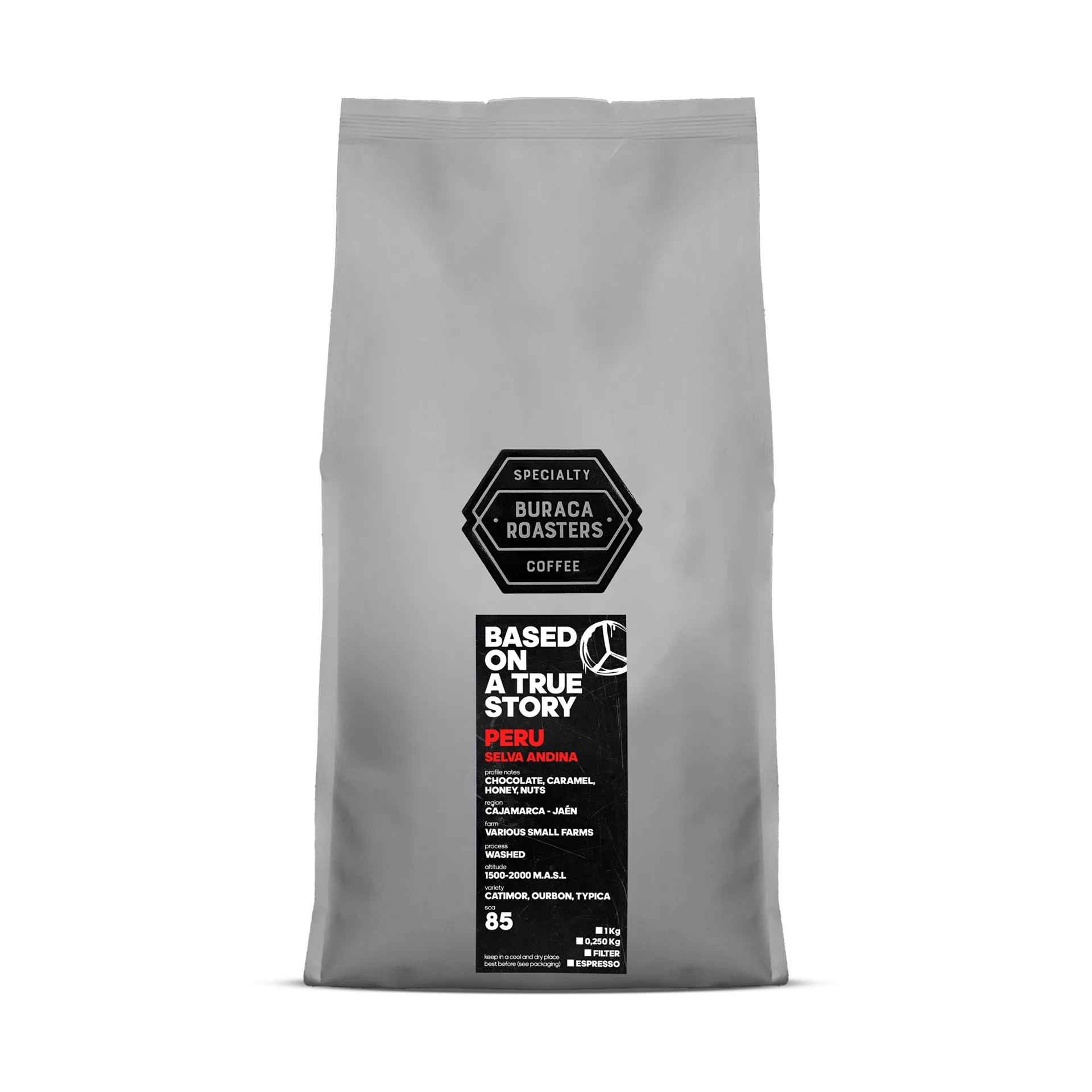 Front of a 1kg coffee bag from Brazil, finca Sao Bento roasted by Buraca Roasters