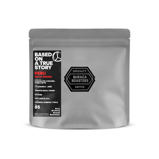 Front of a 250g coffee bag from Brazil, finca Sao Bento roasted by Buraca Roasters