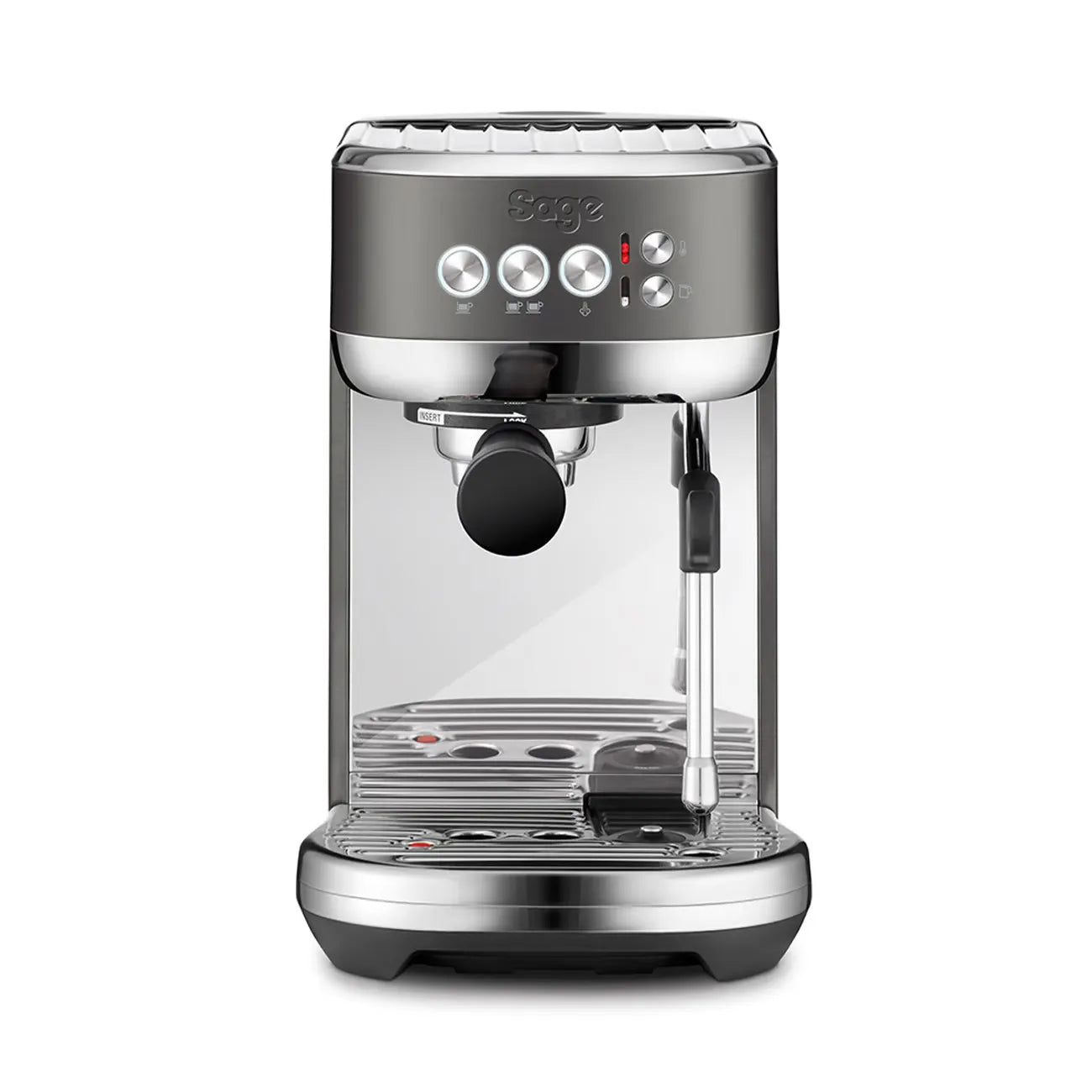 Front picture of coffee machine Bambino Plus from Sage in black stainless steel