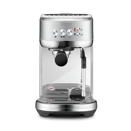Front picture of coffee machine Bambino Plus from Sage in brushed stainless steel