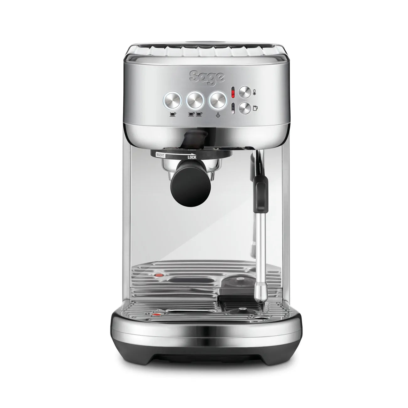 Front picture of coffee machine Bambino Plus from Sage in brushed stainless steel