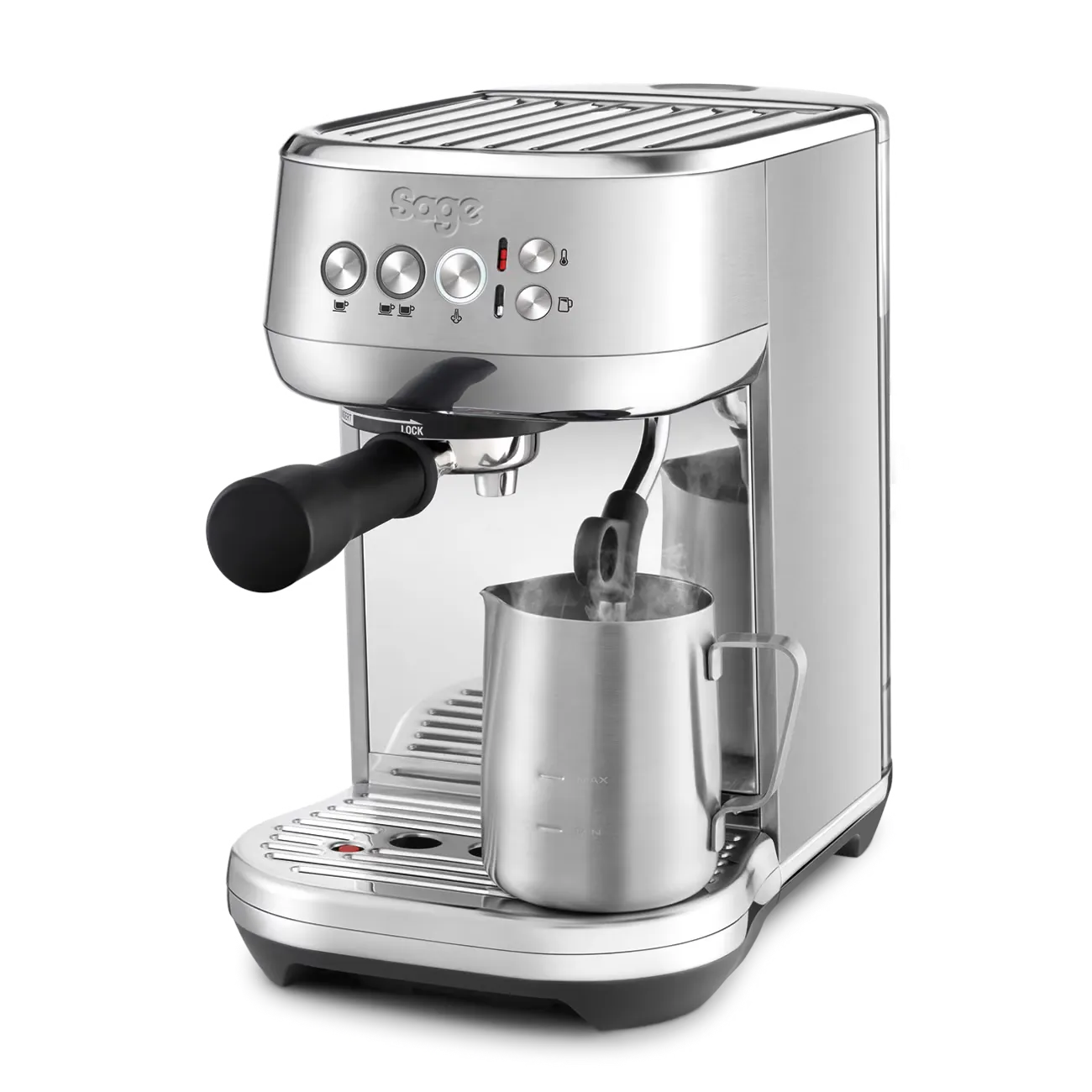 Perspective picture of coffee machine Bambino Plus from Sage in brushed stainless steel