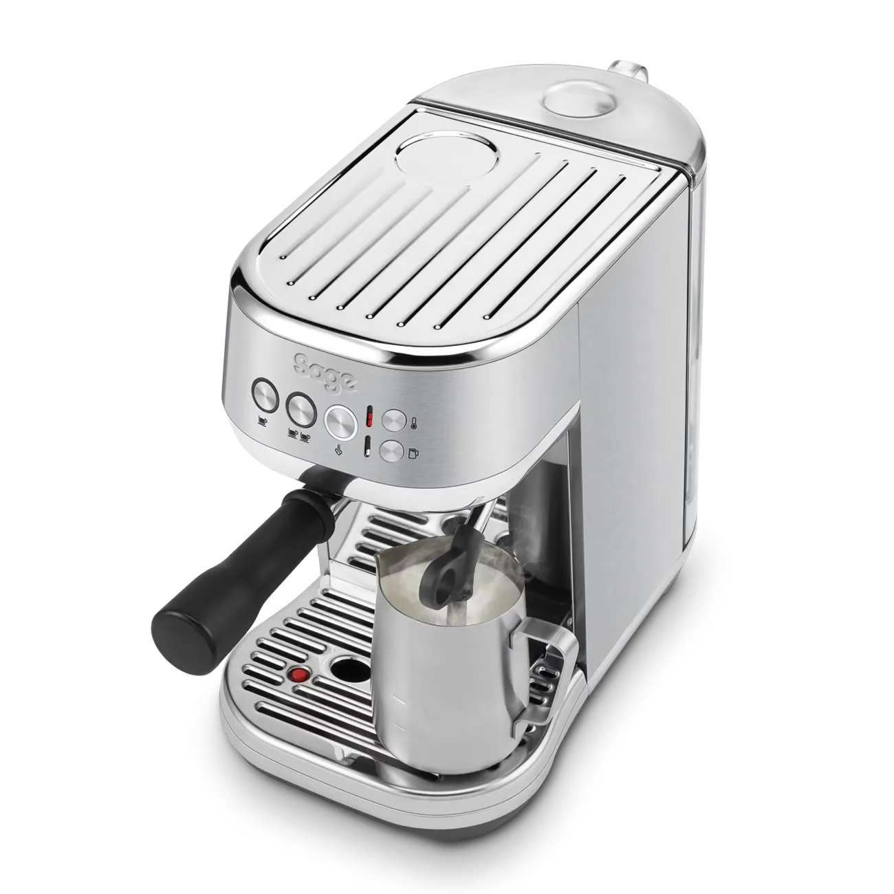 Perspective picture of coffee machine Bambino Plus from Sage in brushed stainless steel