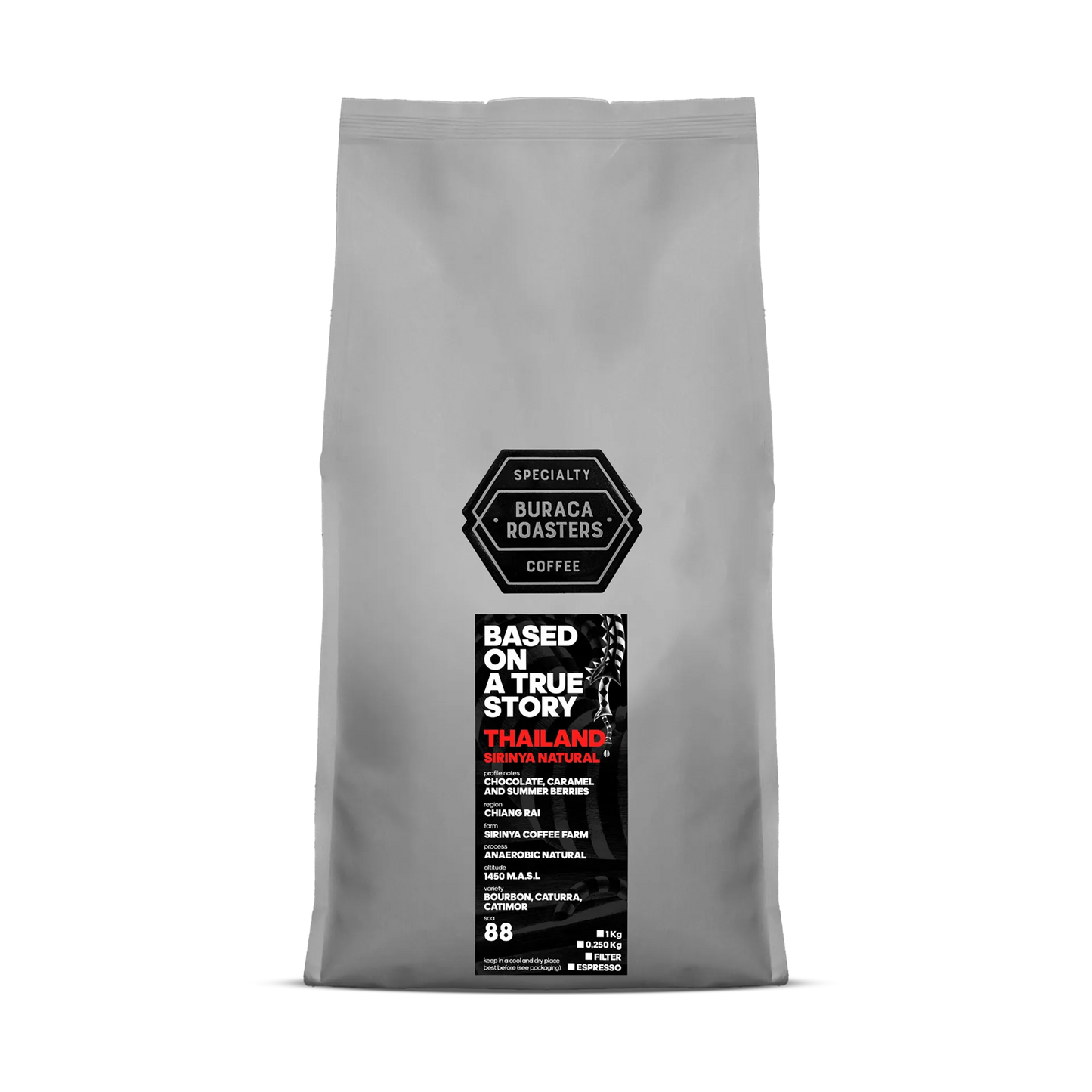 Front picture of a 1kg coffee bag from Thailand Nola Sirinya roasted by Buraca Roasters