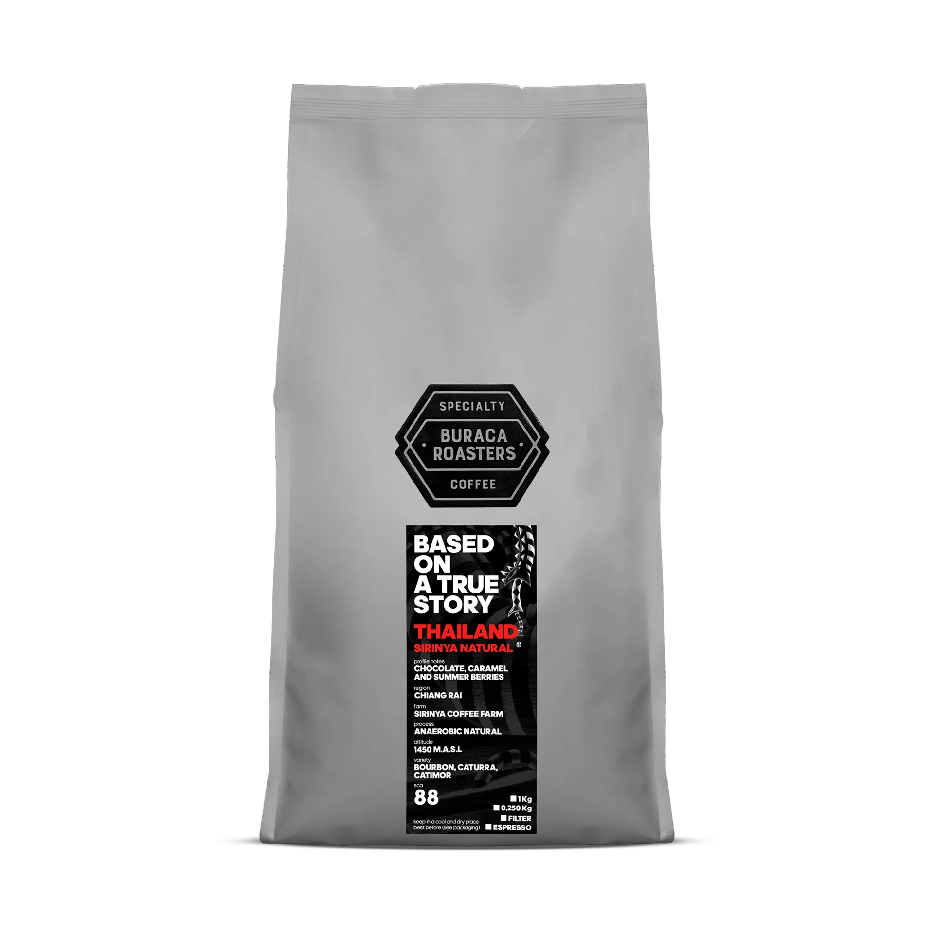 Front picture of a 1kg coffee bag from Thailand Nola Sirinya roasted by Buraca Roasters