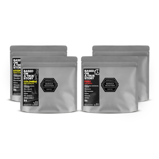 Four 250g filter coffee bags sourced from, Ethiopia, Peru, and Brazil. Roasted by Buraca Roasters, a specialty coffee roaster based in Lisbon Portugal
