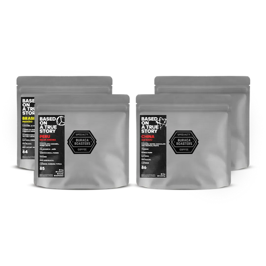 Four 250g coffee bags from China, Peru and Brazil, showcasing diverse flavor profiles: fruity notes of cherry, lemon, and honey; caramel wafer and tropical fruits; medium roast sweetness; and chocolaty richness.