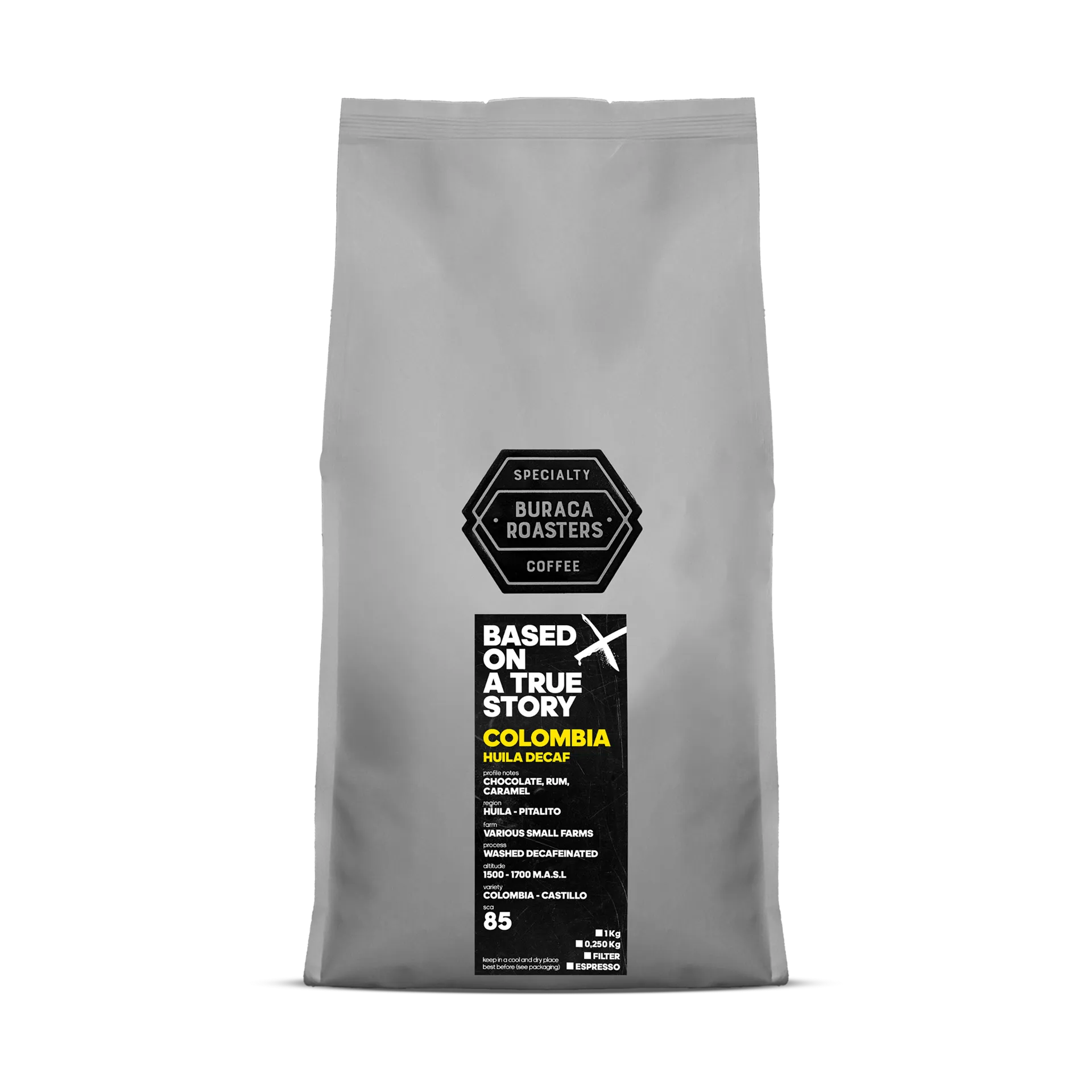 Front of a 1kg coffee bag from Colombia, Huila - Pitalito roasted by Buraca Roasters