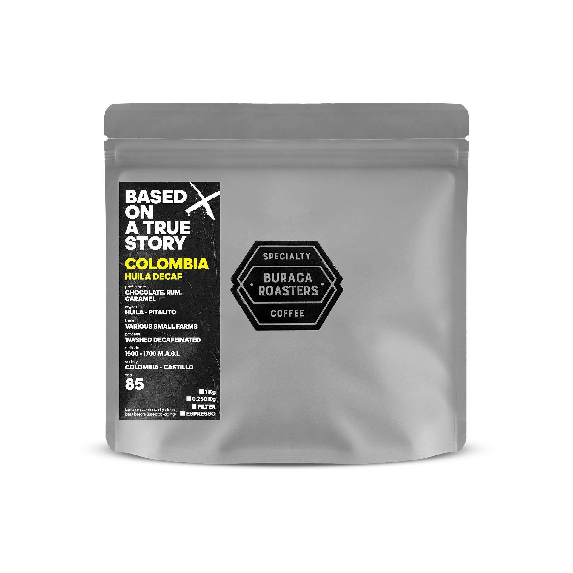 Front of a 250g coffee bag from Colombia, Huila - Pitalito roasted by Buraca Roasters