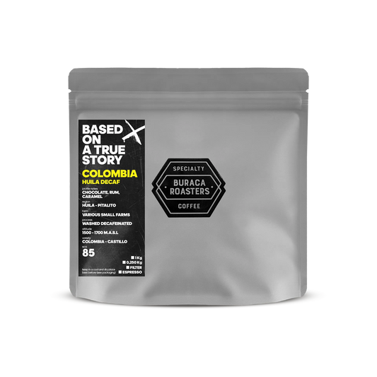 Front of a 250g coffee bag from Colombia, Huila - Pitalito roasted by Buraca Roasters