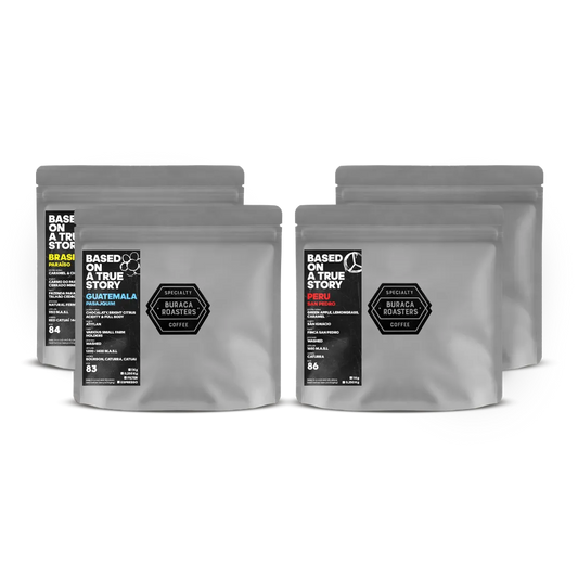 Image of the Adventure Coffee Bundle featuring four 250g bags of specialty coffee from Peru, Guatemala and Brazil.
