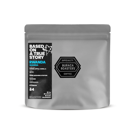 Front of a 250g coffee bag from Rwanda, finca Simbi Washing station roasted by Buraca Roasters