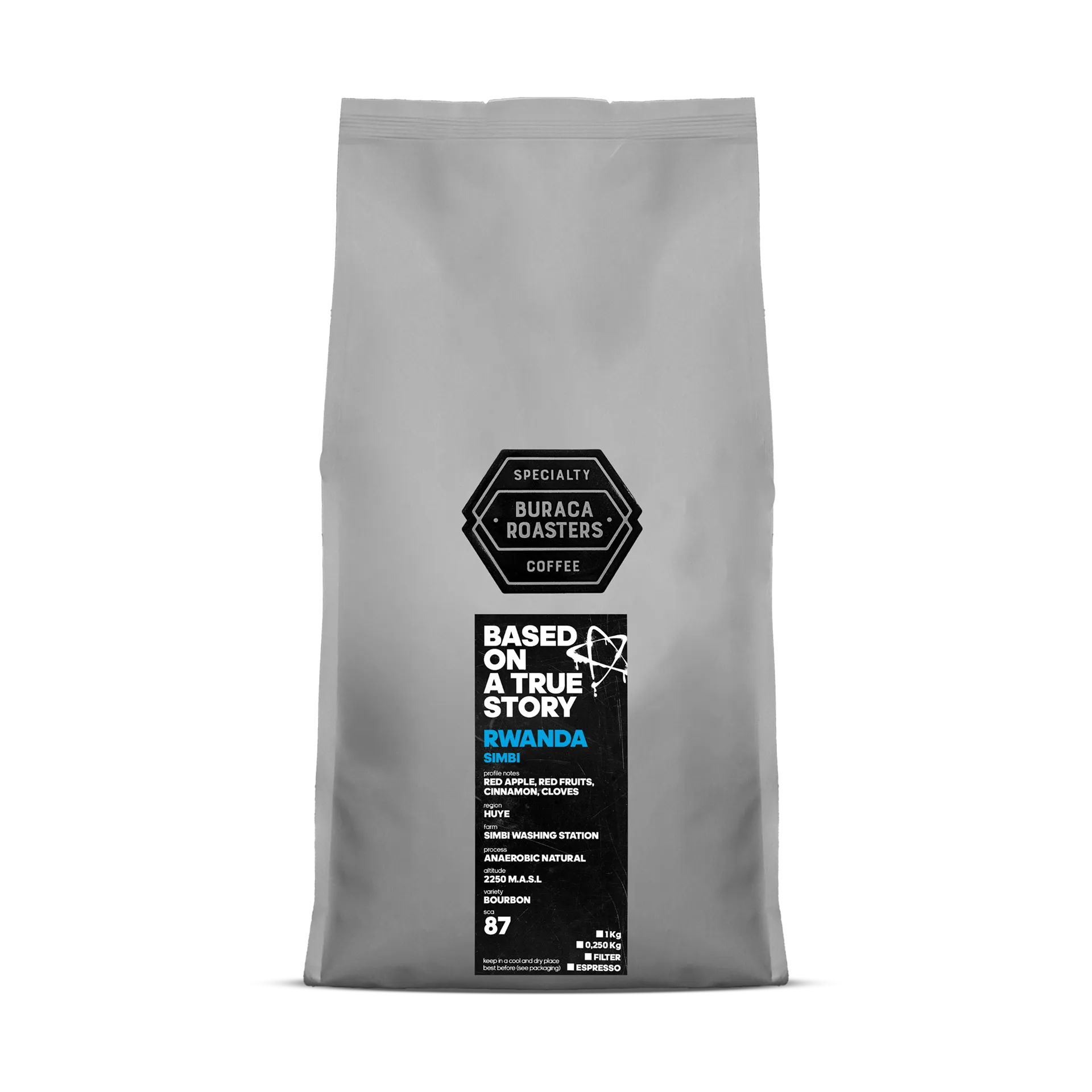 Front of a 1kg coffee bag from Rwanda, finca Simbi Washing station roasted by Buraca Roasters