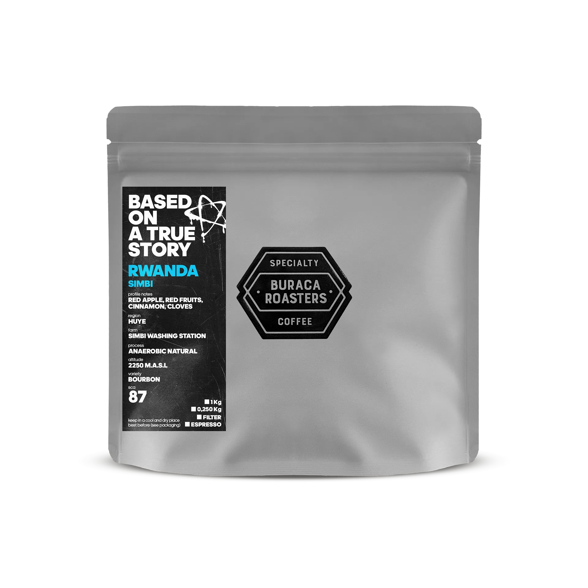 Front of a 250g coffee bag from Rwanda, finca Simbi Washing station roasted by Buraca Roasters