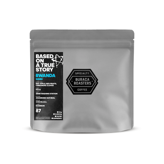 Front of a 250g coffee bag from Rwanda, finca Simbi Washing station roasted by Buraca Roasters