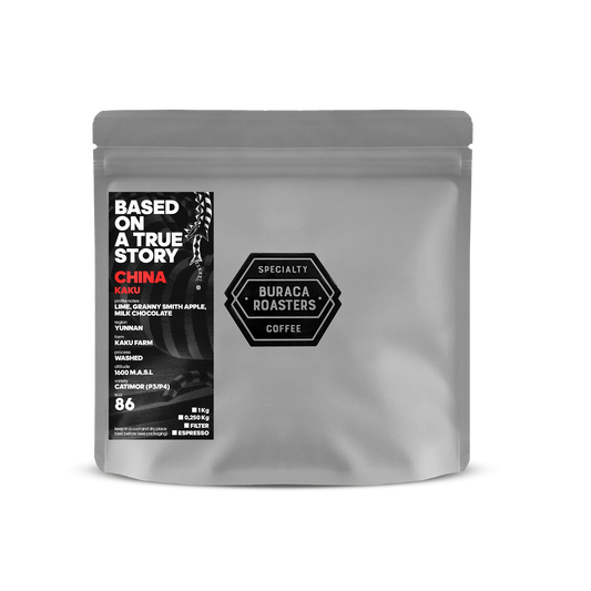 Front picture of a 250g coffee bag from China Kaku roasted by Buraca Roasters