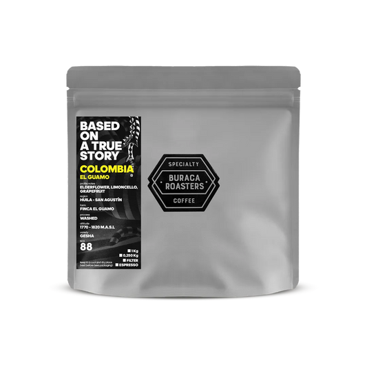 Front picture of a 250g coffee bag from Colombia El Guamo roasted by Buraca Roasters