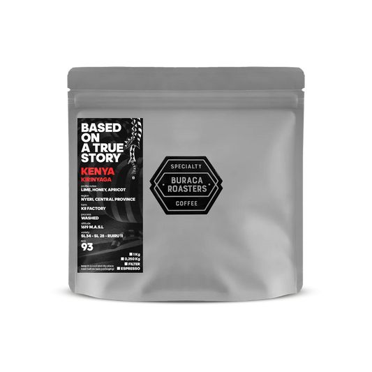 Front picture of a 250g coffee bag from Kenya Kirinyaga roasted by Buraca Roasters