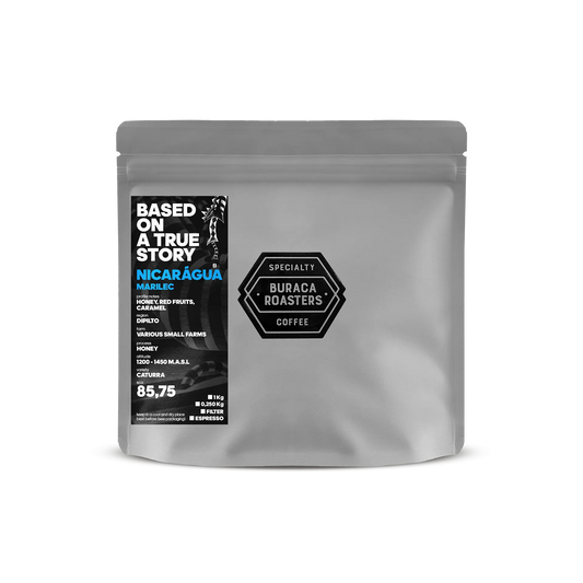 Front picture of a 250g coffee bag from Nicaragua Marilec roasted by Buraca Roasters