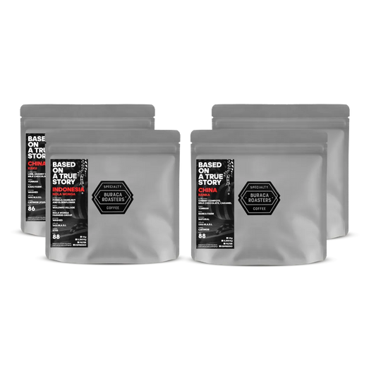 Four 250g filter coffee bags sourced from, Ethiopia, Peru, China and Brazil. Roasted by Buraca Roasters, a specialty coffee roaster based in Lisbon Portugal