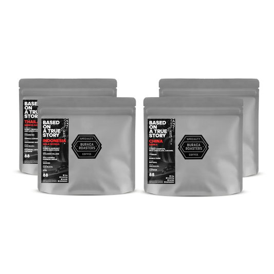Four 250g filter coffee bags sourced from, Indonesia, Peru, China and Thailand. Roasted by Buraca Roasters, a specialty coffee roaster based in Lisbon Portugal