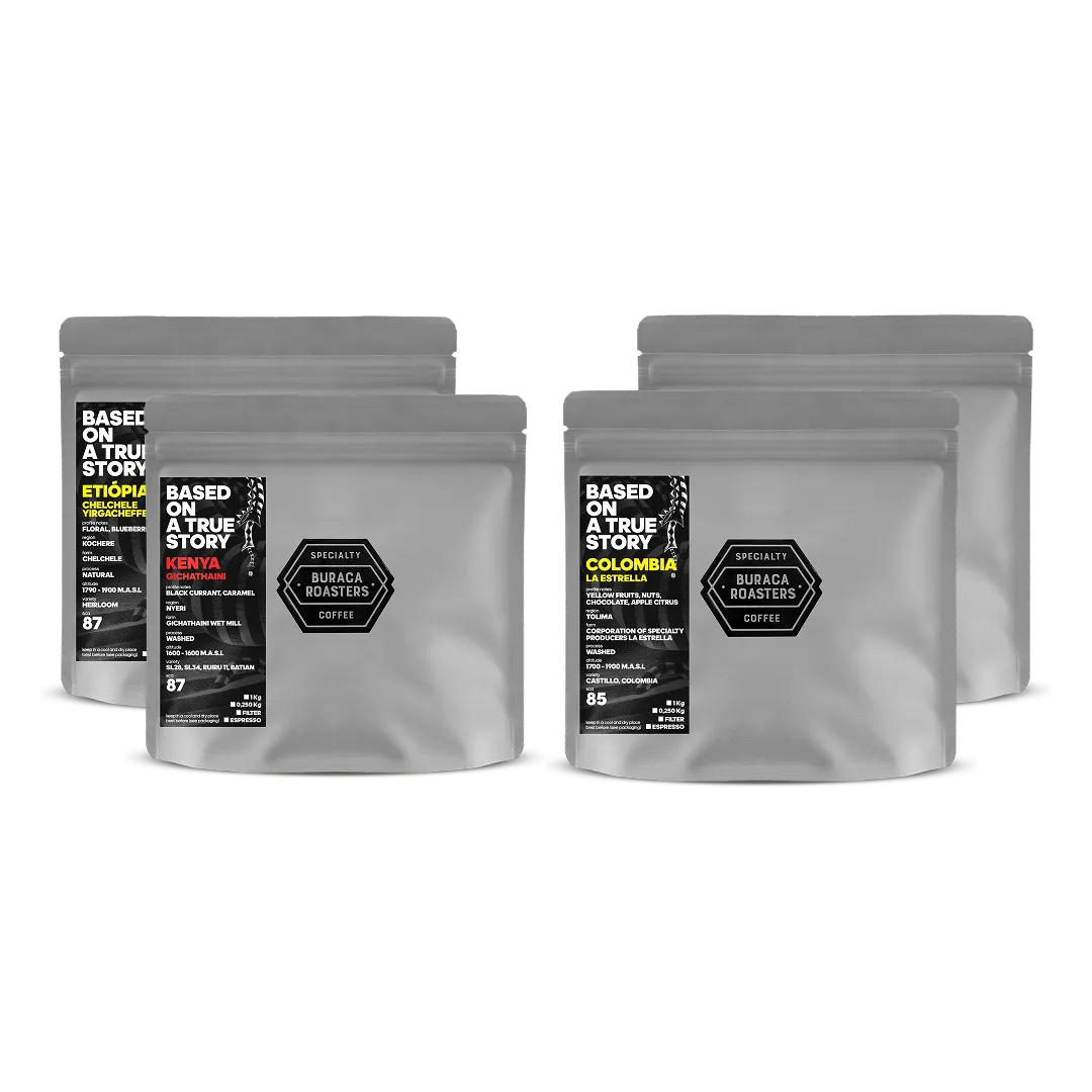 Four 250g filter coffee bags sourced from, Colombia, Ethiopia, Guatemala and Kenya. Roasted by Buraca Roasters, a specialty coffee roaster based in Lisbon Portugal