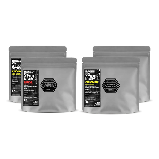 Four 250g filter coffee bags sourced from, Colombia, Ethiopia, Guatemala and Kenya. Roasted by Buraca Roasters, a specialty coffee roaster based in Lisbon Portugal