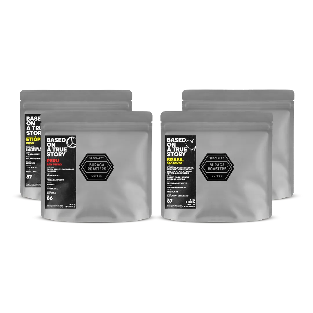Four 250g filter coffee bags sourced from, Ethiopia, Peru, and Brazil. Roasted by Buraca Roasters, a specialty coffee roaster based in Lisbon Portugal